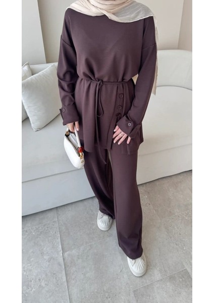 Kadın Düğme Detaylı Seyyar Kuşaklı Ikili Takım M5002 - Kahverengi fırsatları