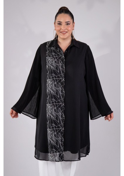 Kadın Büyük Beden Çizgi Desenli Gömlek Siyah