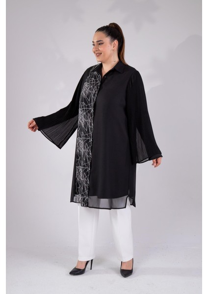 Kadın Büyük Beden Çizgi Desenli Gömlek Siyah fiyatları