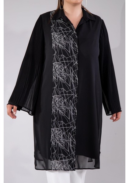 Kadın Büyük Beden Çizgi Desenli Gömlek Siyah modelleri