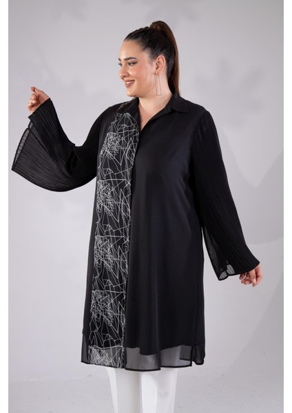 Kadın Büyük Beden Çizgi Desenli Gömlek Siyah fırsatları