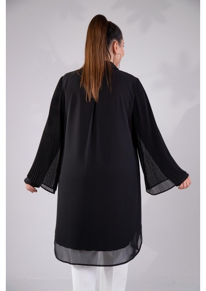 Kadın Büyük Beden Çizgi Desenli Gömlek Siyah