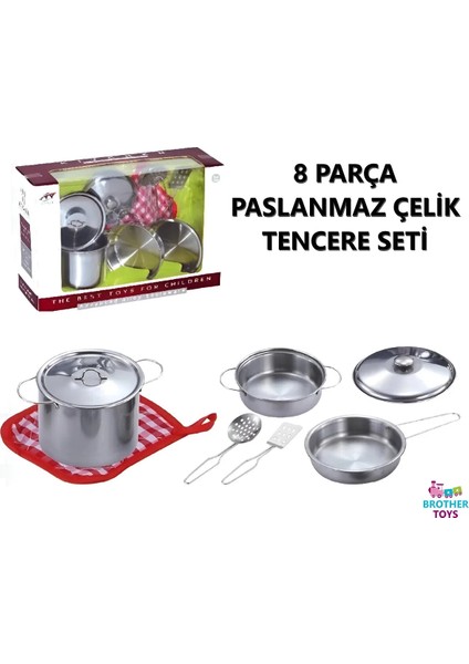 Metal Paslanmaz Çelik 8 Parça Oyuncak Kabartmalı Tencere Tava Seti Aksesuarlı Mutfak Tencere Seti