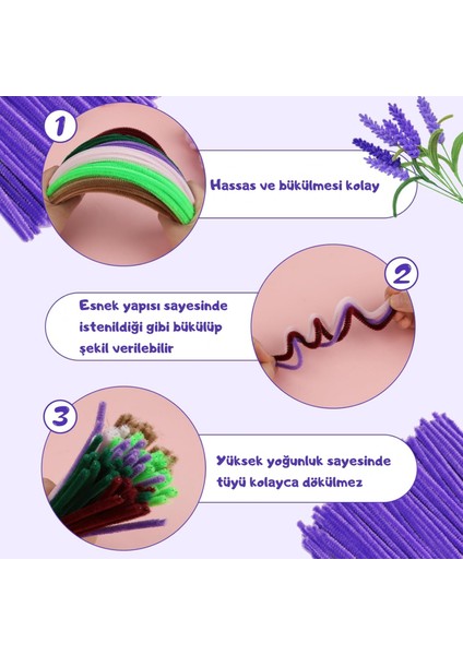 Şönil Tel, El Işi, Dıy, Hobi ve Çiçek Yapım Teli, Lavanta, 100 Adet, 6 mm - 30 cm modelleri