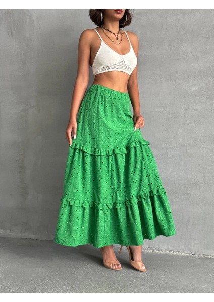 Lvsqvr Fırfırlı Brodeli Astarlı Uzun Etek Yeşil S255047 (Beden: Xl)