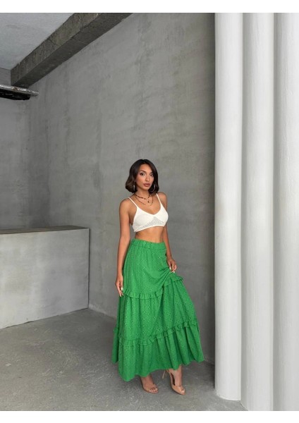 Lvsqvr Fırfırlı Brodeli Astarlı Uzun Etek Yeşil S255047 (Beden: Xl) fırsatları