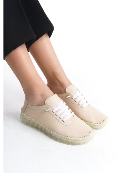 Hakiki Deri Yumuşak Rahat Esnek Bağcıklı Günlük Anne Bej Klasik Kadın Ayakkabı