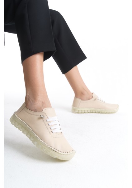 Hakiki Deri Yumuşak Rahat Esnek Bağcıklı Günlük Anne Bej Klasik Kadın Ayakkabı fiyatları