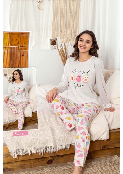 Kadın Avakado Desen Suprem Pijama Takımı 0459 Gri fırsatları