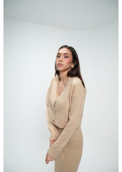 Bej Fitilli Elbise Hırkalı Takım