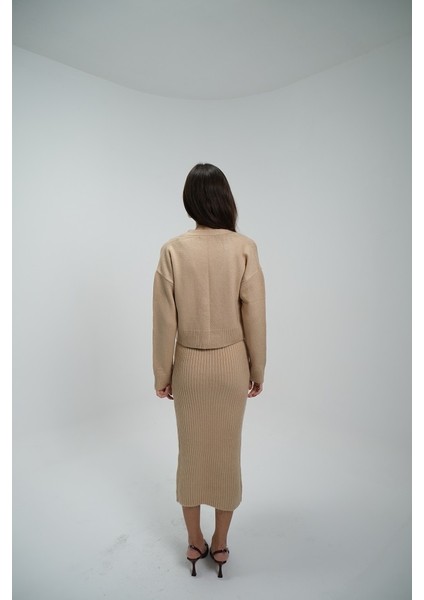Bej Fitilli Elbise Hırkalı Takım indirimleri