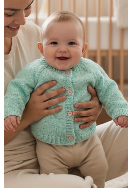 0-1 Yaş Örgü Yeşil Kırçıllı Desen Bebek Hırkası