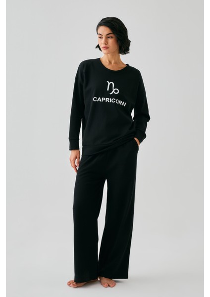Kadın Siyah Oğlak Burcu Oversize 2 Iplik Eşofman Ev Giyim Takımı