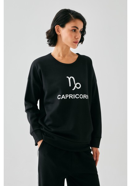 Kadın Siyah Oğlak Burcu Oversize 2 Iplik Eşofman Ev Giyim Takımı modelleri