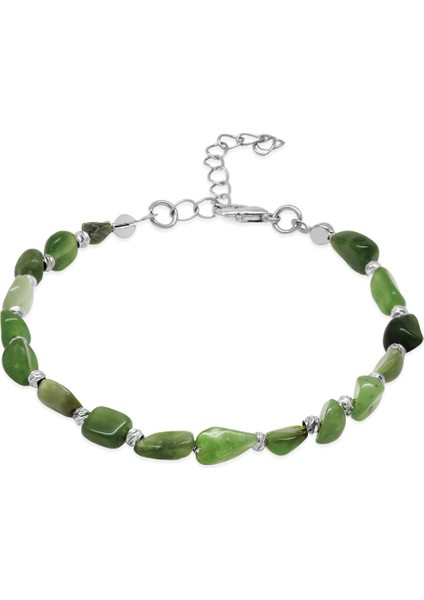 Gümüş Renk Metal Zincirli Dorika Top Süslemeli Amorf Yeşim Taşı Doğaltaş Erkek Bileklik