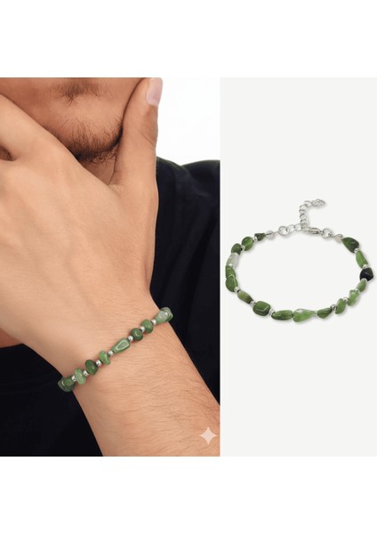 Gümüş Renk Metal Zincirli Dorika Top Süslemeli Amorf Yeşim Taşı Doğaltaş Erkek Bileklik fiyatları