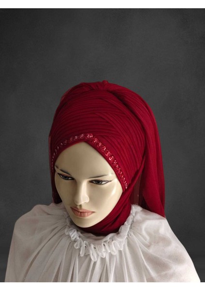 Bordo Duvaklı Hazır Türban Hazır Şal Hazır Duvak fırsatları