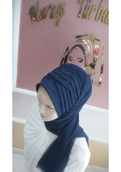 Payet Detaylı Lacivert Hazır Duvak ,hazır Şal Hazır Türban