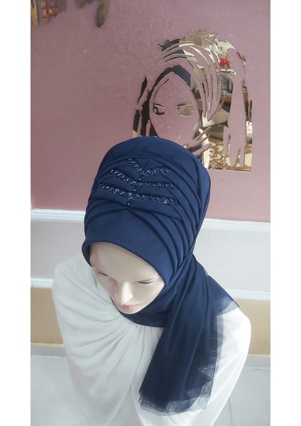 Payet Detaylı Lacivert Hazır Duvak ,hazır Şal Hazır Türban fiyatları