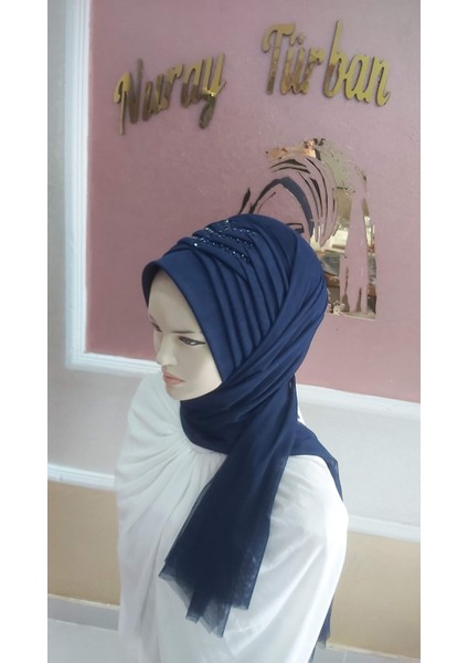 Payet Detaylı Lacivert Hazır Duvak ,hazır Şal Hazır Türban modelleri