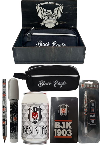 Beşiktaş Orjinal Lisanslı Beyaz Kutu Kalemtraş Ahşap Kutulu 6'lı Kırtasiye Seti