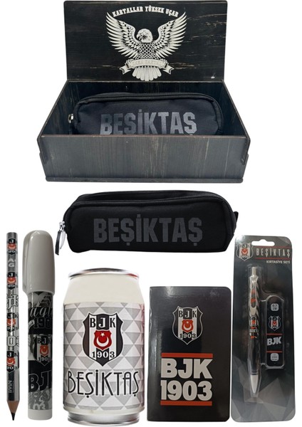 Beşiktaş Orjinal Lisanslı Beyaz Kutu Kalemtraş Ahşap Kutulu 6'lı Kırtasiye Seti