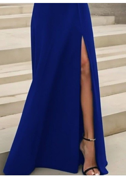 Kadın Uzun Kollu Madonna Yakalı Yırtmaç Detaylı Uzun Ithal Krep Elbise modelleri