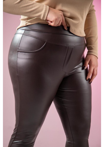 Kadın Büyük Beden Deri Kahverengi Tayt