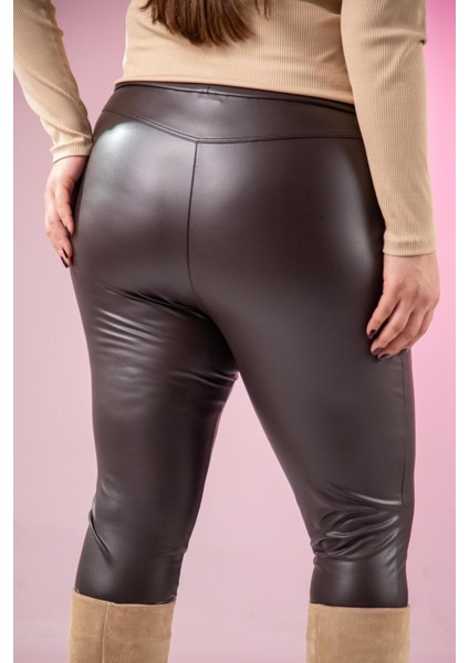 Kadın Büyük Beden Deri Kahverengi Tayt fiyatları