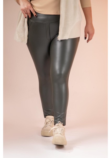 Kadın Büyük Beden Deri Kahverengi Tayt modelleri