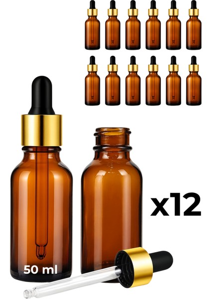 12’li 50 ml Amber Cam Serum Şişesi + Gold (Altın) Metal Kapaklı Siyah Uçlu Damlalık