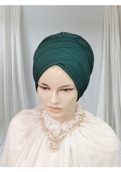 Gri Aksesuarlı Zümrüt Yeşili Sevda Model Hazır Türban Hazır Şal Abiye Şal Bone