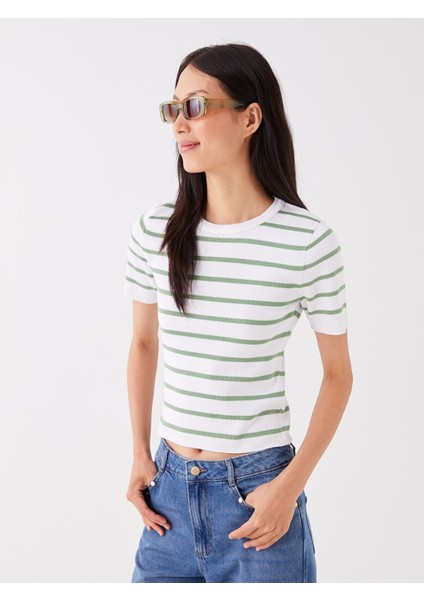 Yeni Sezon Bisiklet Yaka Çizgili Kısa Kollu Kadın Triko Kazak