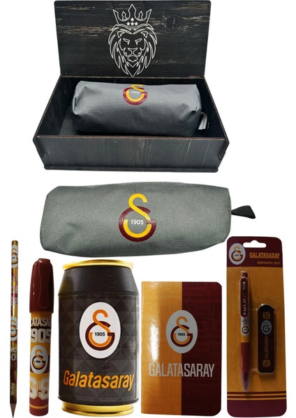 Galatasaray Orjinal Lisanslı Siyah Kutu Kalemtraş Ahşap Kutulu 6'lı Kırtasiye Seti