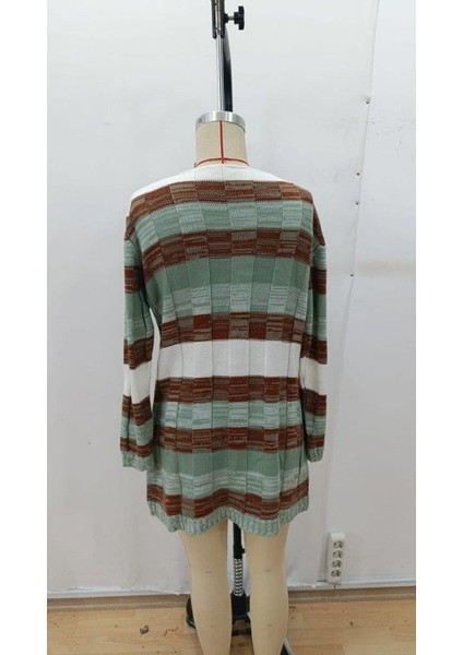 Kadın Uzun Kollu V Yakalı Çizgili Çok Renkli Triko Mini Elbise