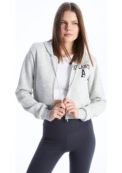 Yeni Sezon Kapüşonlu Baskılı Uzun Kollu Kadın Fermuarlı Sweatshirt