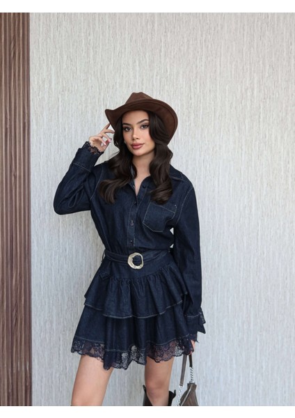 Dantel Detay Mini Denim Elbise