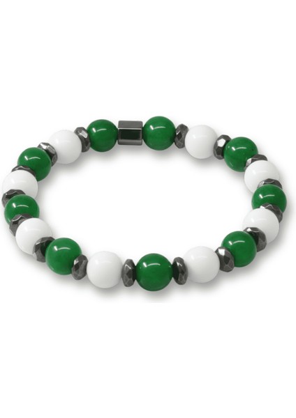 Küre Kesim Yeşil Beyaz Jade Hematit Doğaltaş Erkek Taraftar Bileklik - M2