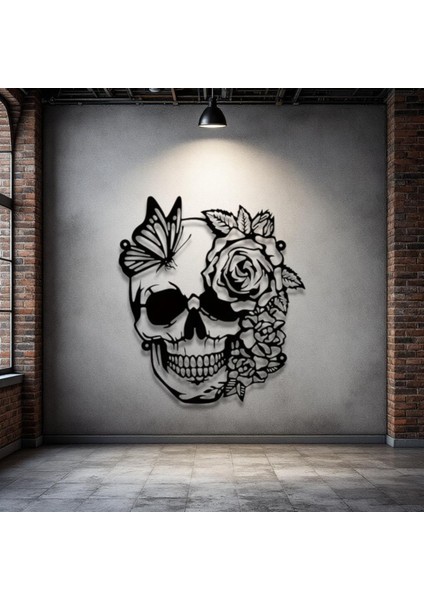 Kelebek ve Gül Desenli Kafatası Metal Tablo – 3D Gölgeli Modern Duvar Dekoru, Özel Hediye