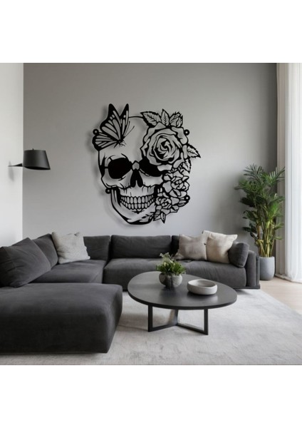 Kelebek ve Gül Desenli Kafatası Metal Tablo – 3D Gölgeli Modern Duvar Dekoru, Özel Hediye modelleri