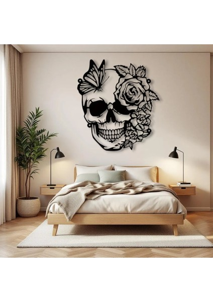 Kelebek ve Gül Desenli Kafatası Metal Tablo – 3D Gölgeli Modern Duvar Dekoru, Özel Hediye fırsatları