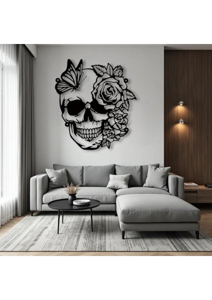 Kelebek ve Gül Desenli Kafatası Metal Tablo – 3D Gölgeli Modern Duvar Dekoru, Özel Hediye indirimleri