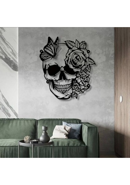 Kelebek ve Gül Desenli Kafatası Metal Tablo – 3D Gölgeli Modern Duvar Dekoru, Özel Hediye