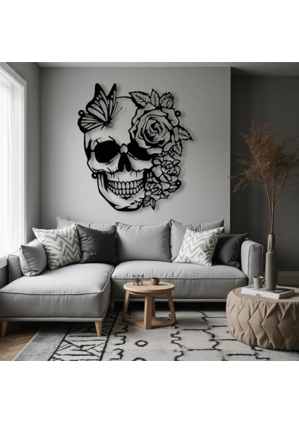 Kelebek ve Gül Desenli Kafatası Metal Tablo – 3D Gölgeli Modern Duvar Dekoru, Özel Hediye