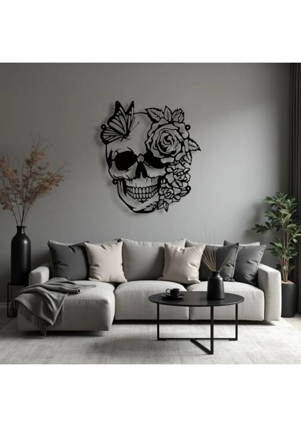 Kelebek ve Gül Desenli Kafatası Metal Tablo – 3D Gölgeli Modern Duvar Dekoru, Özel Hediye