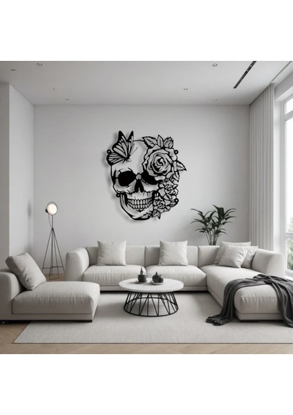 Kelebek ve Gül Desenli Kafatası Metal Tablo – 3D Gölgeli Modern Duvar Dekoru, Özel Hediye