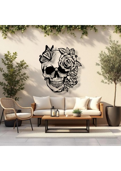 Kelebek ve Gül Desenli Kafatası Metal Tablo – 3D Gölgeli Modern Duvar Dekoru, Özel Hediye