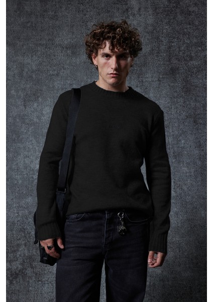 Erkek Regular Fit Bisiklet Yaka Kazak Siyah