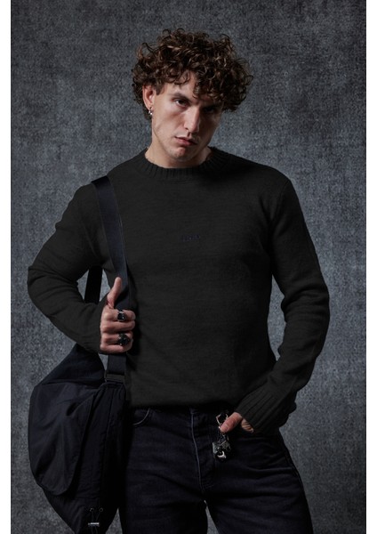 Erkek Regular Fit Bisiklet Yaka Kazak Siyah fiyatları