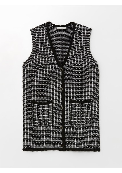 Yeni Sezon V Yaka Ekose Kadın Triko Yelek